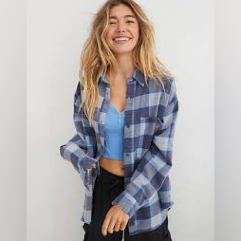 Aerie Blue and White Plaid Women's Button Down Shirt